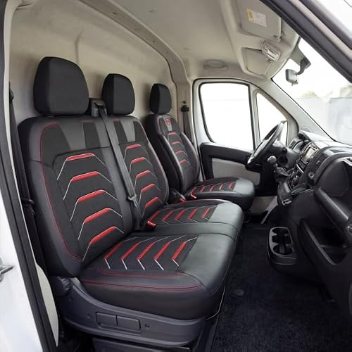 GIOVANNI BUTTI Autositzbezüge 2+1 für FIAT Ducato, Peugeot Boxer, Citroen Jumper 2014-2026, Opel Movano C 2022-2026 - Leinen/Schwarz-Rot - Vordersitz-Set (rechter Beifahrersitz geteilt)