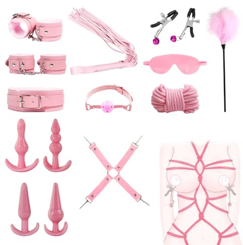 Qcpuuu Set De Bondage Sm Sex, 14 Piezas Set De Ataduras Bdsm Con Esposas, Juegos Sexuales Y Tapones Anales, Juguetes Sexuales De Atadura Para Parejas, Mujeres Y Hombres, Rosa