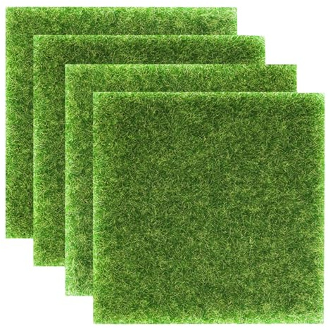 4 Pcs Artificial Grass Mats 15 x 15cm, Realistic Model Grass Turf, Mini Fake Moss Lawn Mat for DIY Crafts, Fairy Garden, Terrarium, Dollhouse, Bonsai Decoration, Grasses Rug for Indoor Outdoor Use