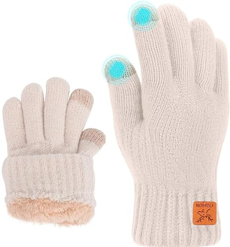 Fjquamitix Kinder Winterhandschuhe Weiche Warme Strickhandschuhe Thermohandschuhe Fleecefutter Touchscreen Kleinkind Handschuhe für Jungen Mädchen im Alter von 5 bis 12 Jahren (Beige)