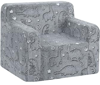 MeMoreCool Kindersofa mit Nacht Leuchtstoff, Flauschiger Sessel, Grau Dino | Flauschiger Kindersessel mit nachtleuchtendem Stoff, vielseitig als Sofa oder Lounge für Kinderzimmer und Leseecke nutzbar
