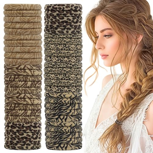 LUFFLOK 50 Pezzi Elastico per Capelli, Leopardo Braccialetti Elastici per Capelli, Senza Danno, Morbidi Porta-Coda di Cavall per Donna e Bambina, Accessori Capelli Spessi, Ricci o Sottili (50 Pezzi)