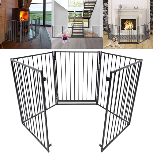 LARS360 Kaminschutzgitter Schwarz 305cm aus Metall mit Sicherheitstür, 5 Elemente Faltbares Absperrgitter & Türschutzgitter, Höhe 76cm für Kinder & Hunde