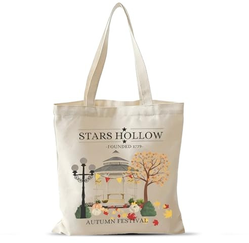 Leseogye Stars Hollow Stofftasche, Gilmor Jutebeutel, Funny TV Show Handtasche Damen, Aesthetic Leinwand Einkaufstasche mit Langen Henkeln, Stoffbeutel Bedruckt für Reise für Fans, 40x35cm