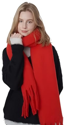 bhb Flauschiger Mohair-Optik Damenschal, Deckenschal – Weicher Oversize Schal aus Wolle mit Quasten, warm, elegant, übergroß, klobig, Winteraccessoire (Rot)