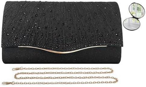 HKYUECHI Clutch schwarze Damen, niedliche Handtasche schwarze kleine Abendtasche mit Kette, Handtaschen für Frauen, Glitter Crossbody Schultertasche Clutches für Party, Hochzeit, Cocktail (Schwarz)