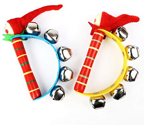 ZJchao Weihnachts-Glöckchen, 5 Metallglocken mit Holzgriff, Weihnachtsschlittenglocke, Rassel, Weihnachtshandglocken, Musikinstrument für , Partys, Klassenzimmer, Musikunterricht (Sortierte Farbe)