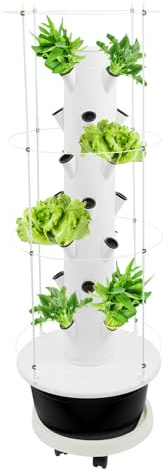 Hydroponic Tower Garden 28 Löcher, 7 Etagen Aeroponic Tower Grow System Kit, Erdloses Anbausystem mit Hydratationspumpe, Zeitschaltuhr und 30L Wassertank für Kräuter Obst Gemüse (Weiß und Schwarz)