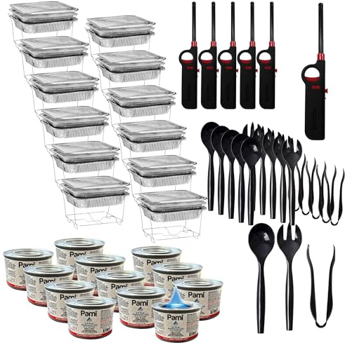 84-Piece Disposable Chafing/Buffet Serving Kit Include Fuel Cans, Racks, Aluminum Pans, Utensils and Lighters to Serve 6 Dishes with Style.