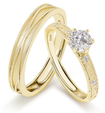 Meissa Anelli di Fidanzamento in Argento 925 Sterling con Zirconia Cubica, Fedi Nuziali Regolabili e Delicate, Set Promessa Sposa con Taglio Rotondo Brillante (Oro(Set di due anelli))