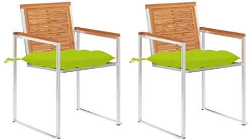 Fangmaliuyun 2er Set Gartenstühle Akazie Massivholz & Edelstahl 304 hellgrüne Kissen 60 x 56 x 85 cm Outdoor Essstühle für Garten Terrasse Balkon Lounge