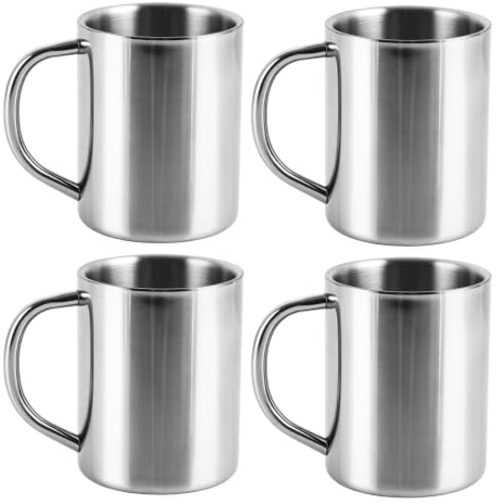 Ghligna Lot de 4 Gobelet Inox, 400ML Tasse Inox avec Poignée, Réutilisable Gobelet en Métal, À Double Paroi Mug, pour Voyage, Camping