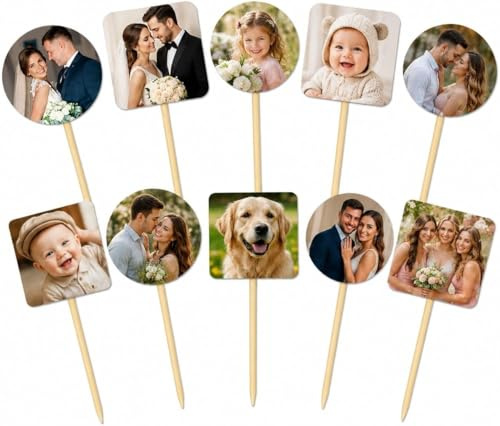 Custom Photo Cake Toppers, Personalised Cupcake Toppers, HD Glossy Print, Round and Square Shapes, Pack of 20