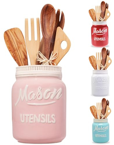 Goodscious Pink Ceramic Mason Jar Kitchen Utensil Holder - Countertop Organizer - Dishwasher & Microwave Safe - 5x4x5 Inches