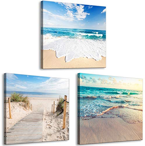 decomonkey Bilder Set Strand Meer 60x20 cm 3 Teilig Wandbild Groß Leinwandbild XXL Deko Wohnzimmer Schlafzimmer Büro Wanddeko Leinwand Pictures For Wall Poster Wall Painting Natur Landschaft