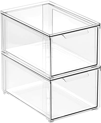mDesign Aufbewahrungsbox mit Schublade – stabile Schubladenbox aus Kunststoff zur Schuhaufbewahrung – Stapelbox für Schuhe, Accessoires und mehr – 2er-Set – durchsichtig