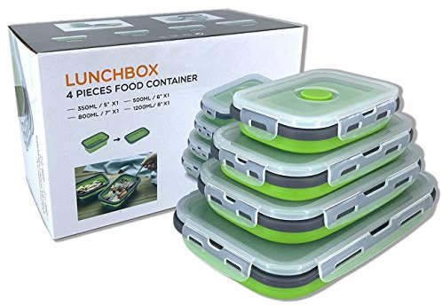 Zusammenklappbarer Aufbewahrungsbehälter aus Silikon mit Deckel, tragbarer Bento-Box zum Platzsparen, Mikrowelle, 4er-Set, Grün