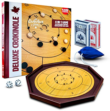 Tradeopia 4-in-1 Deluxe Crokinole Board Game Set, Chess, Checkers and Backgammon Board, Canadian Heritage Game for Friends & Families, Set Includes Crokinole Board, 32 Discs, 2 Dice, 2 Packs of Cards