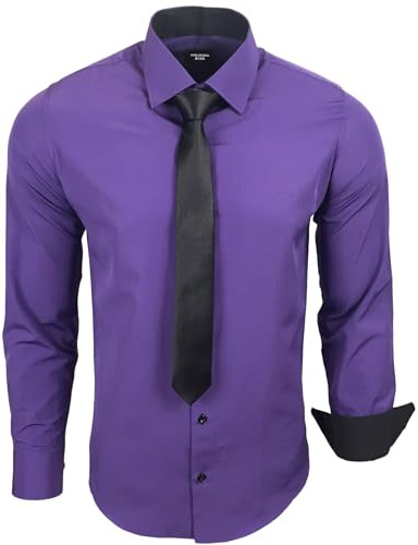 Subliminal Mode - Chemise Homme Manches Longues Col Bicolore Uni + Cravate Noir Chemise Coupe Ajusté Business Repassage Facile RN77
