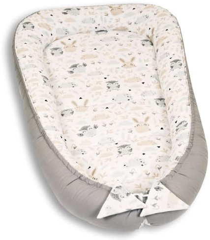PaLulli 120x60 cm Babynest Babynestchen XXL Babykokon 2seitig 100% Baumwolle Kissen Nestchen für Babybett Reisebett für Baby und Säugling Feathers (Owls)