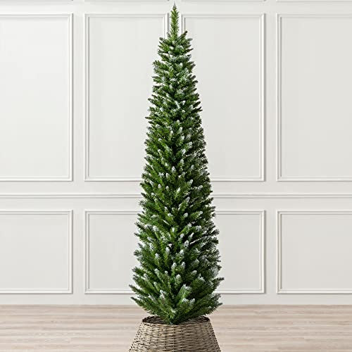 Christow Frosted Pencil Christmas Tree 6ft, Artificial Slim Snowy Spruce, Indoor Home Xmas Decoration, Natural Looking Dual Tone PVC Needles, Easy Assembly with Stand (tree skirt not included)