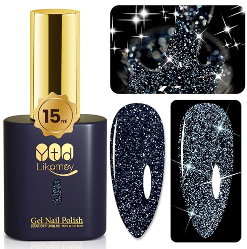 YTD Likomey UV Nagellack Glitzer,15ml Schwarz Gel Glitter,Sparkle Funkelnd Farbgel Nagellack,Reflective Holographisch Diamant Maniküre Herbst Winter Gel Nail Polish,SZ010
