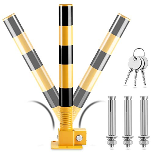 SUNKONG Spring Folding Parking Post, Parking Barrier Parking Lock Heavy Metal Parking Obstacle Pile with Warning Stripes, Parking Piles,Driveway Parking Interceptor Bollard