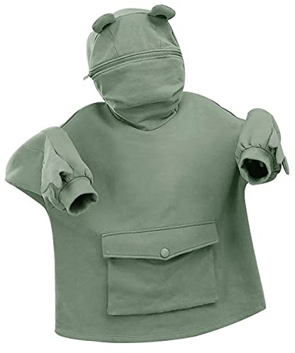 Frog huvtröja långärmad huva lång huvtröja lös långärmad t-shirt enfärgad klänning sömmar 3D huvudbonad med ficka dragkedja mouth vardaglig tunika klänning, S – XXL