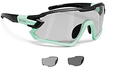 BERTONI Fahrradbrille Sport Sonnenbrille Radbrille MTB mit Sehstärke für Brillenträger mod. QUASAR (Schwartz-Aquamarin/Selbsttönende Polarisierte)