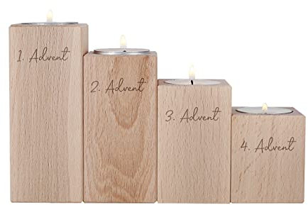 Herz & Heim® Hölzerner Adventskranz aus 4 gravierten Teelichthaltern