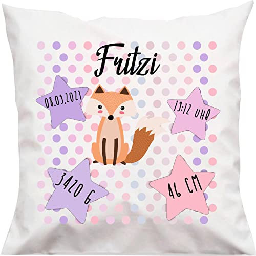 Kleckerliese Kinder Kissen Fuchs mit Datum Uhrzeit Gewicht Kissenbezug Weiss Kissenhülle 40x40 cm