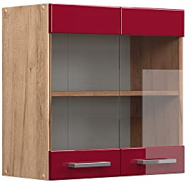 Vicco Küchenglasschrank R-Line, Rot Hochglanz, 60 cm | 2 Türen · 1 Einlegeboden · Tiefe – 31 cm · ✓ Frei kombinierbar · ✓ Alles im Blick