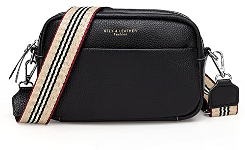 Crossbody-väska för kvinnor i äkta läder, bred rem, axelväska, handväska, trendig design, kameraväska, handväska, dragkedja upptill, A01-svart, 8.66x6.3x3.15in, Hållbar