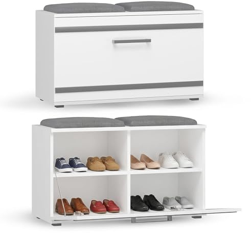 CDF Schuhschrank Opal | Farbe: weiß | Ideal für Diele, Flur, Büro | Schuhaufbewahrung | bequemer Sitz | 4 Schuhregale | modern | Flügeltür | Klapptür, vier Fächer, platzsparend, für Flur und Kleiderschrank, Schuhorganisation