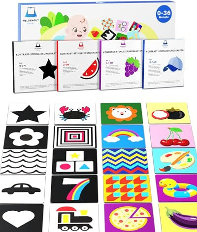 HELDENGUT® geliebte 80x Baby Kontrastkarten [4-1 Set von 0-36 Monate mit 160x Designs] - Kontrast Spielzeug für die visuelle Entwicklung von Neugeborenen - Mit tollen Spielen für die ganze Familie