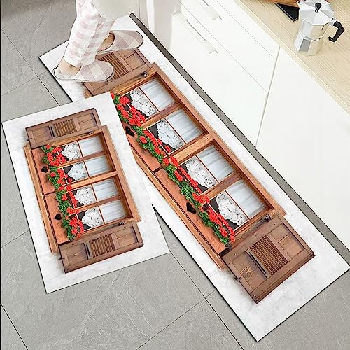 Küchenläufer Küchenmatte 2 Stück 45x70cm+45x120cm,Fensterläden Dekor, Print von alten europäischen Fenstern mit Fensterl,Rutschfest Pflegeleicht, Anti-Müdigkeit Küchenteppich Teppich Läufer für Küche