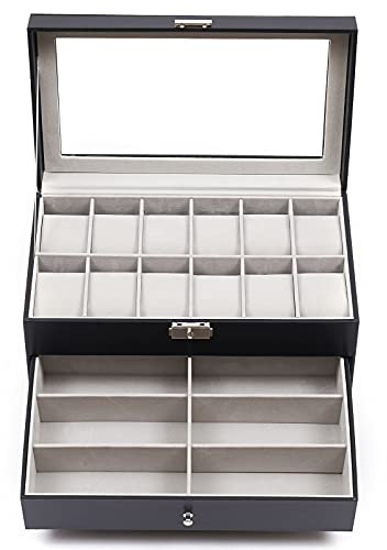 soudesileim 3 Schicht Uhrenbox, Aufbewahrungsbox für 12 Uhren mit Glasfenster und Schloss, Watch Box Samtfutter, Mehrfachgitter, für Uhren, Schmuck und Gläser, Geschenk