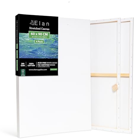 Elan Keilrahmen Leinwand 60x90, 4er Set Leinwände zum Bemalen 280g/m² | 4er-Set 60x90 CM, 100% Baumwolle Leinwand zum Bemalen, Säurefrei, Dreifach Grundiert für Acrylfarben, Gouachefarben