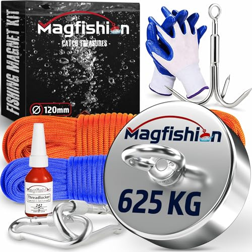 MAGFISHION Magnetfischen Set - 625 KG - Ø120mm - Magnet Fischen Angel | Neodym Magnet mit 2 Seilen, Greifhaken & Handschuhe - Ösenmagnet - Fishing Magnetangel - Magnetangeln Set