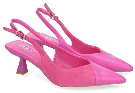 82017-Zapatos de Salon para Mujer con Tacon, Elegantes y Comodos, Diseno Moderno, Dos Materiales con Punta Fina y Cierre de Hebilla Ajustable, para Todo Tipo de Ocasiones.. Talla 36 Fucsia