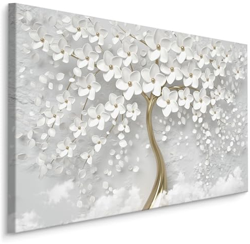 Muralo Wandbilder Weißer Blumenbaum, 3D-Effekt, Aufhängefertig - 100x70 cm | Leinwandbild, Stimmungsvolles Design, UV-beständig - ideal für Wohnzimmer, Schlafzimmer und Büro