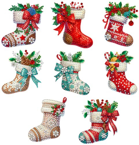 Generisch Diamond Painting Weihnachten Anhänger,8 Stück 5D Weihnachtsstrümpfe Diamant Painting Weihnachtsbaum Fenster Hängend DIY Weihnachten Deko Diamanten Malerei Kits Erwachsene für Decor
