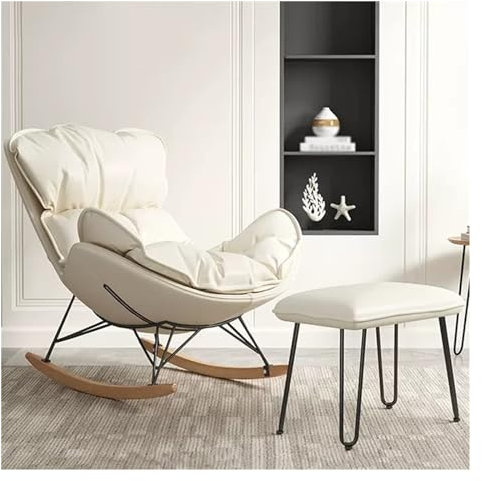 SZITW Moderner Schaukelstuhl aus technischem Stoff für das Wohnzimmer mit Fußhocker, gepolsterter Gleiter, Freizeitsofa, Liegestuhl, Schaukelstuhl mit Akzentsessel und Beinen aus Massivholz (Farb