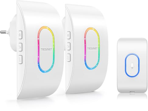 TECKNET Timbre Inalámbrico Exterior Impermeable con 2 Receptores, Indicador RGB, 400M Alcance, IP65 Impermeable Timbre, 60 Melodías y 5 Niveles de Volumen, Blanco