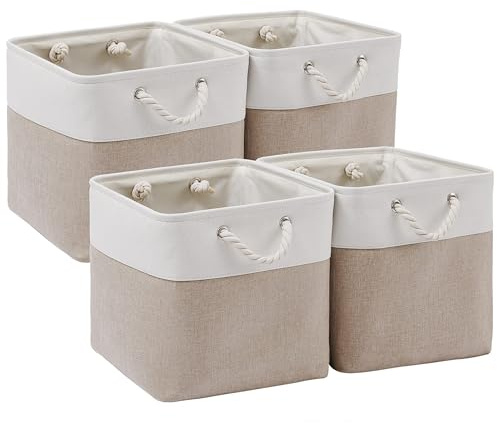 ICEMOR 28 x 28 x 28 cm Cube Storage Boxes, 4 Pack Large Collapsible Fabric Storage Bin with Ropes, Foldable Storage Cubes for Home, Office,Closet, Clothes, Toys Organizer (White & Beige)