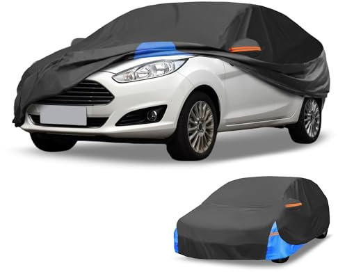 Partuto Copertura Auto Automotive Esterna Anti-UV Protezione Solare e Antipioggia Copertura Completa per Ford Fiesta 210D Oxford Cloth Nero Blu con Strisce Riflettenti