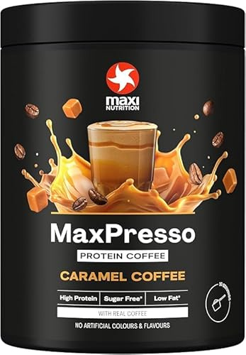 MaxiNutrition MaxPresso Caramel, Protein Coffee, Whey Protein Powder, 21 g Protein per Serving, Sugar-Free & Low-Fat, Mix Warm or Cold