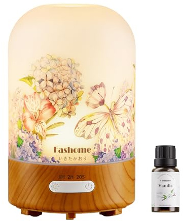 Aroma Diffuser 100ml aus handgefertigtem Glas, Ultraschall Diffusor für ätherische Öle mit Frühlings-Blumendruck, Inkl. 10ml Vanille-Öl, 4 Zeitmodi & 3 Licht-Effekte – zertifiziertes Frühlings