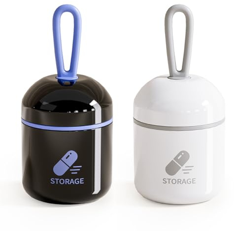 Storicans Mini Pill Box Keychain Pill Holder,2pcs Removable Divider Pill Container with Silicone Lanyard, Daily Portable Pocket Pill Case, Waterproof Travel Size for Purse, Black and White