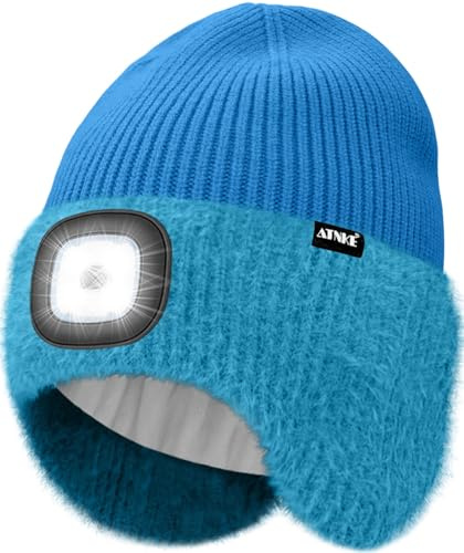 ATNKE LED Beleuchtete Ohrenklappen Mütze mit Licht,USB Wiederaufladbare 4 LED Freihändig Stirnlampe Laufmütze Winter Warm Fleece Gefüttert Strick Mütze Geschenke für Herren und Damen